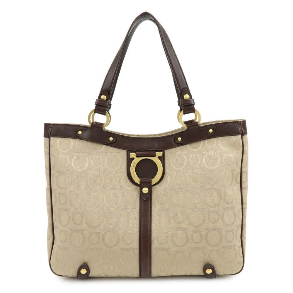 Ferragamo Gancini Canvas & Leather Tote Beige